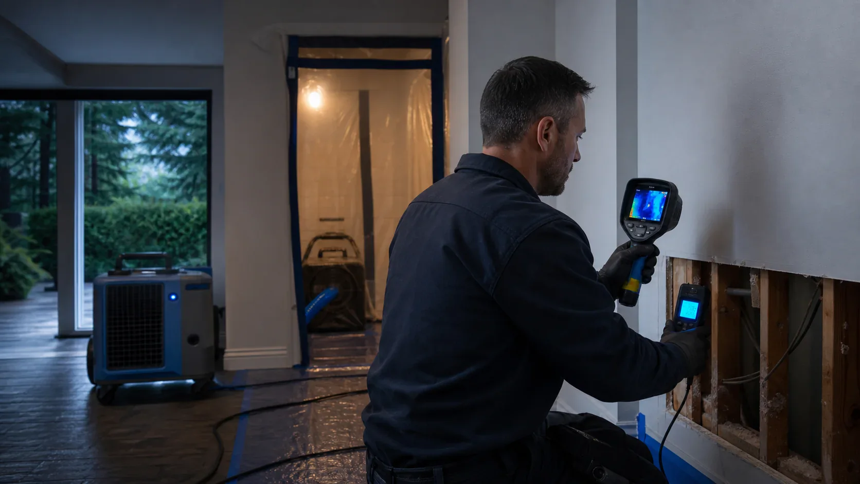 Illustration of a person using moisture instruments in an affected room